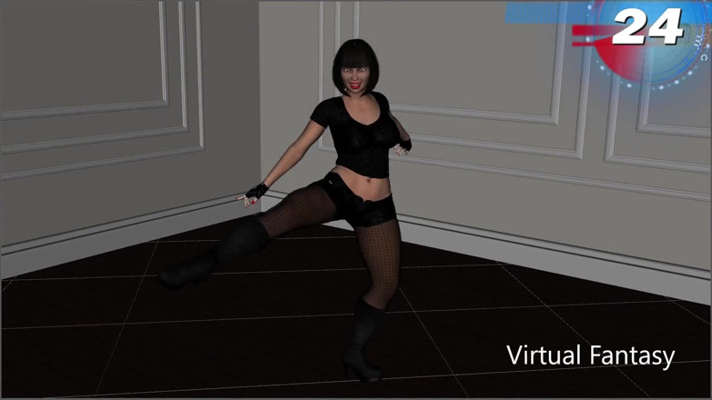 Virtual fantasy studio: Sexy 3D girl dancing in black clubwear and bodysuit.
