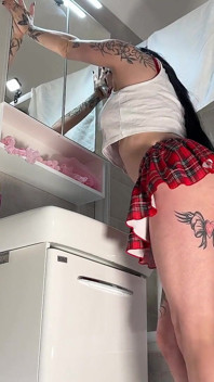 Beautiful Brunette with Big Tits in the Bathroom Takes Her Red Satin Thong to Flash Her Tight Meaty Pussy and Naked Ass