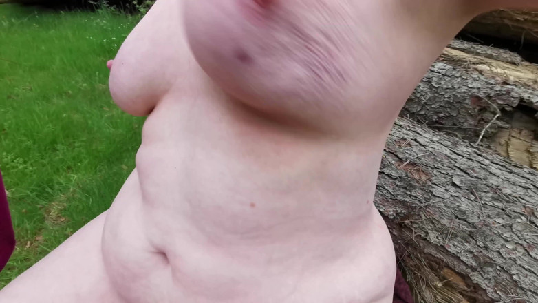 Bouncy Tits Action: Slapping the Naked Pig in the Woods