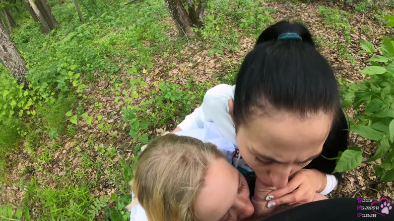 YSP Studio: Two girlfriends suck cock in the woods - POV
