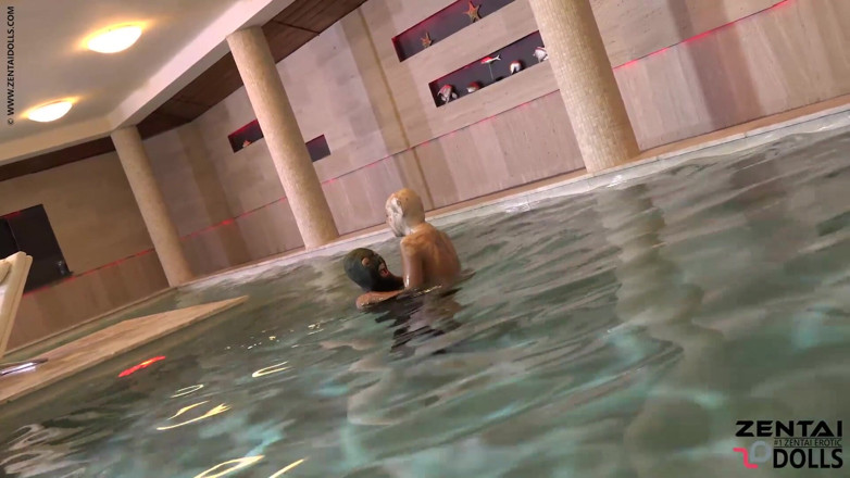 ZentaiDolls: Two Zentai Girls with Slave in Pool