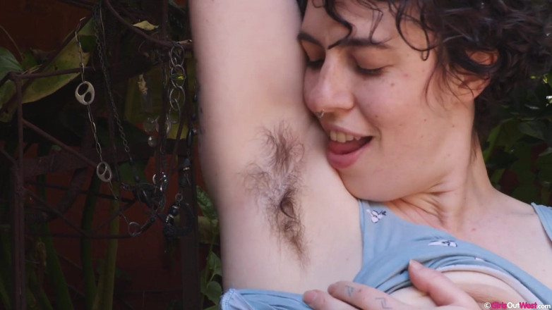 Girls Out West: Horny hairy gardener with big boobs masturbates outdoors