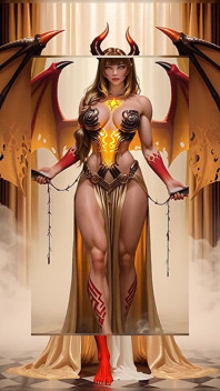 L'elegante regina del succubus tagico con i capelli d'argento lungo il pavimento sulla terrazza nebbiosa