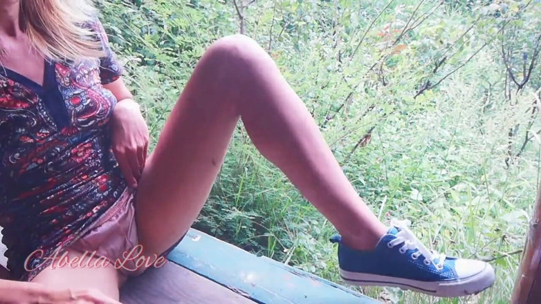 Abella Love: Teen girl almost caught masturbating on the bench in park