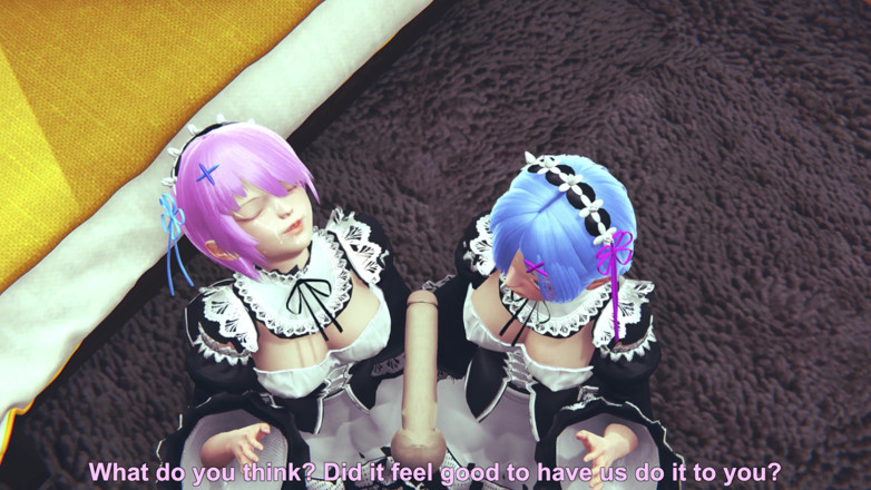 Waifu club 3D: Ram and Rem lick a big cock together