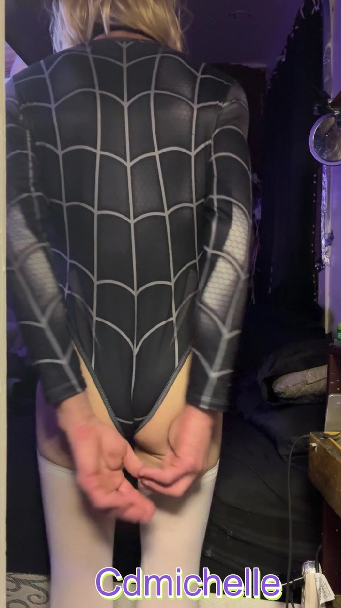 Cd Michelle lingerie: Crossdresser Michelle Wearing Spiderman Onepiece Badysute Playing with Big Cock
