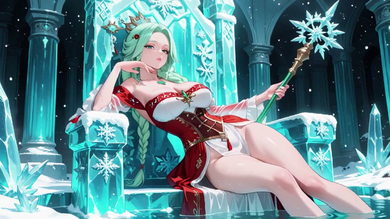 Tay Swift X: Green-haired Goddess in Red Gown Kneels in the Crystal Hall,...
