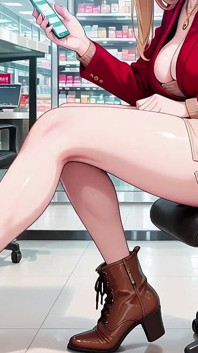 Red Suit Blonde; From Supermarket Stroll to Lazy Orgasm, She Even Puts Her Legs up on the Desk?