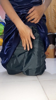 Asian Crossdresser Masturbate and Cum Inside Long Satin Blue Gown with Silky Lining