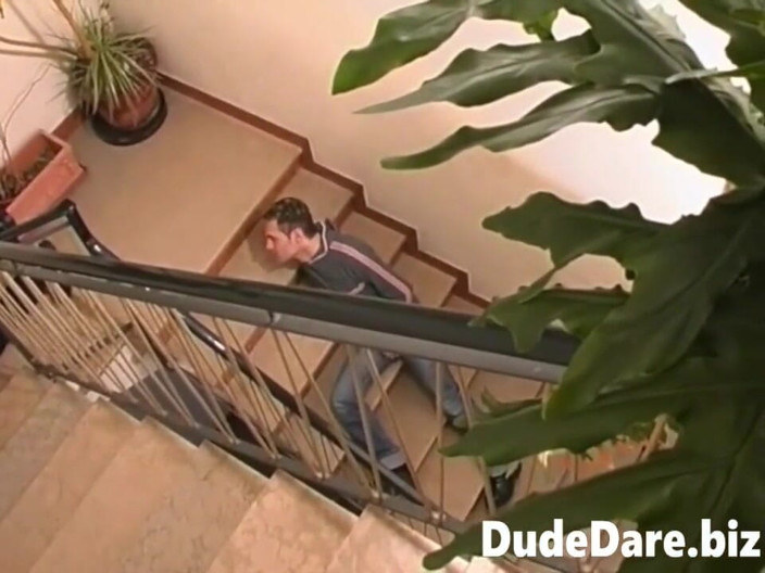 DudeDare: Dude watches horny boyfriends fuck at the stairway