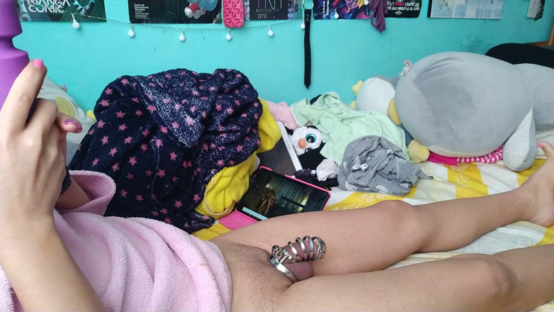 Crystal Phoenix: Sissy plays with chastity cage