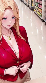 Red Suit Blonde; From Supermarket Stroll to Lazy Orgasm, She Even Puts Her Legs up on the Desk?