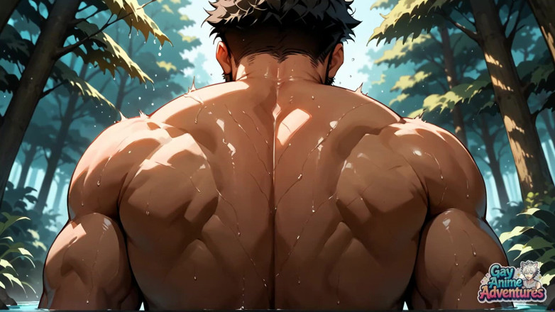 Gay Anime Adventures: 햇볕이 쬐는 숲에서 사정을 보여주는 근육진 남자!