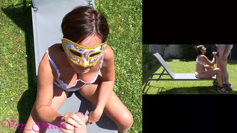 Les Gourmands: セクシーな白いランジェリーを着た美しいミルフが外でドギースタイルでセックスされ、大きなお尻に射精する