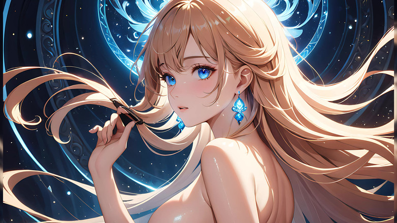 LustRender: 光の渦:美しい若い女性が髪をかき上げる