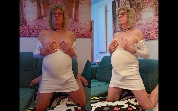TSLillySophie: TS lilly sophie穿着她的白色礼服玩弄她坚硬的女郎和大奶子，直到她高潮