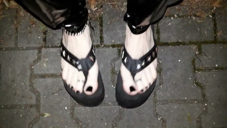 Heelex: Crossdresser on a Street in Latex Leggings and Sexy Platform...