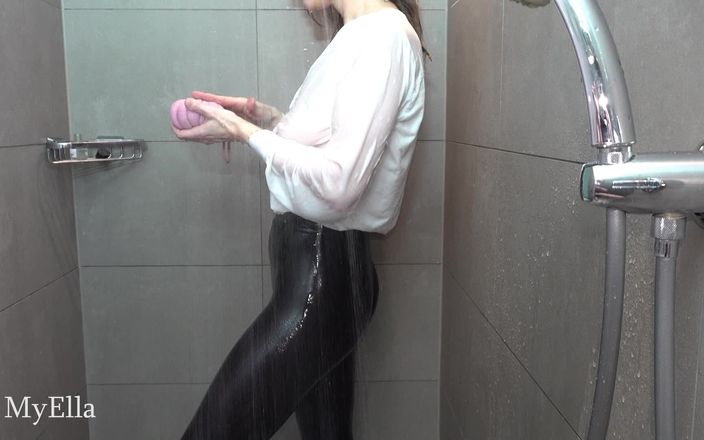 My Ella: Ella Taking a Soapy Shower in Shiny Legging, with Blowjob