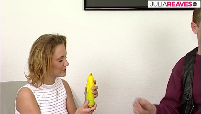 Retro German Casting Tour: Blonde hottie sucks a huge dildo then rides it on...