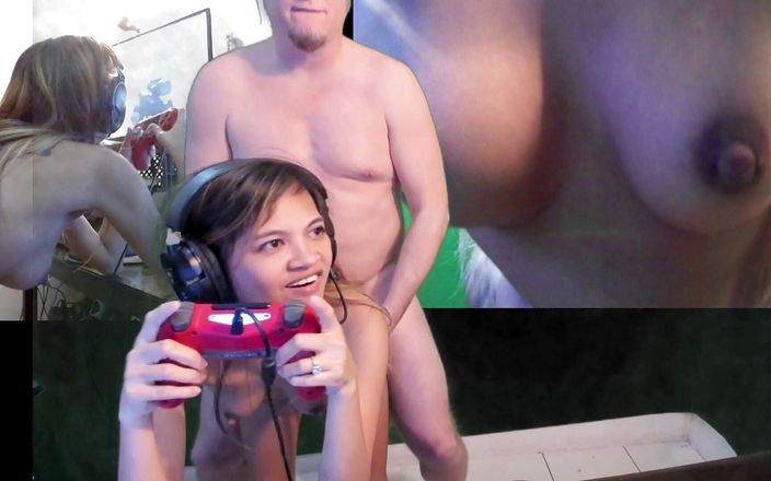 Sexy gaming couple: 3 cam view game and fuck doggy style