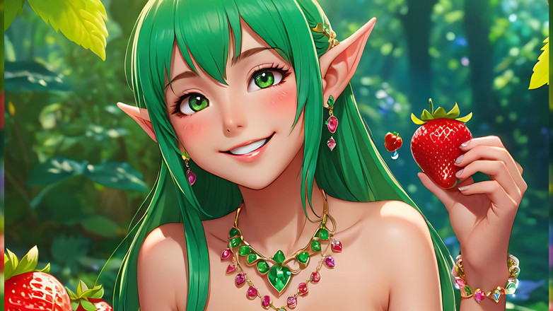 LustRender: Ai 누드 아트 - 딸기를 먹는 누드 성인 여성(2부)