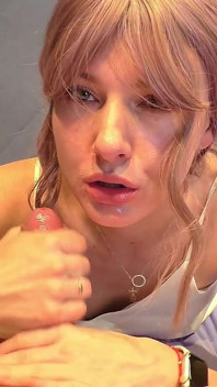 Neighbor in Shiny White Tights Powerfully Sucks and Swallows Cum
