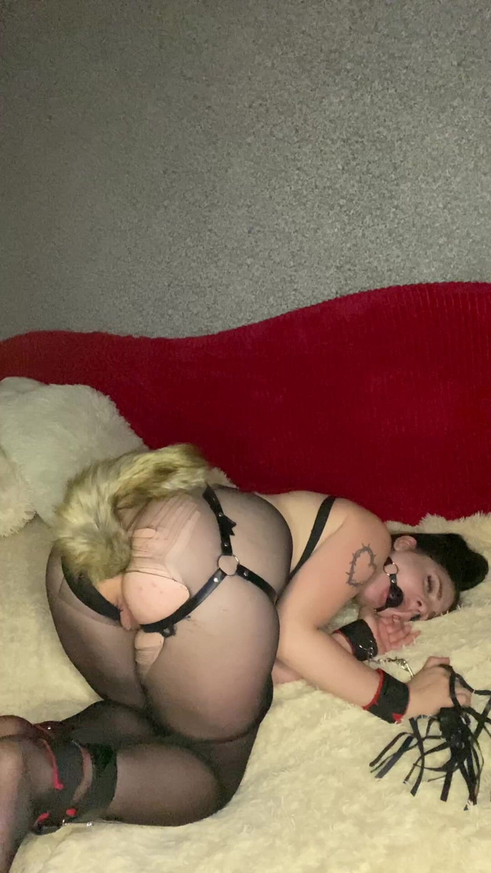 Kitty Lust: 18yo Brunette Bound Ripped Pantyhose, Leather Belts, Handcuffs, Gag &amp; Tail...