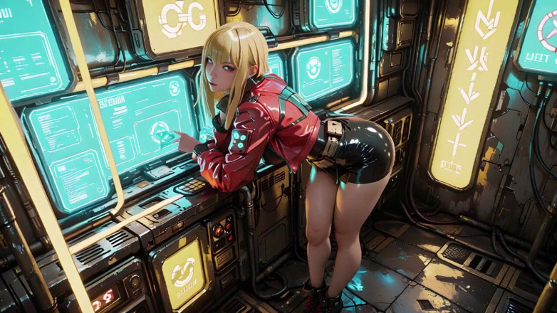 Seraphina Vale: Red Leather Jacket Glistening Under Neon Rain, Kneeling Pose That...