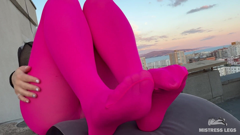 Mistress Legs: Pink Nylon Tease on the Rooftop at Sunset - Feet and...