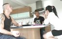 Double Penetration Party: Young brunette with glasses hard banged in the kitchen by...