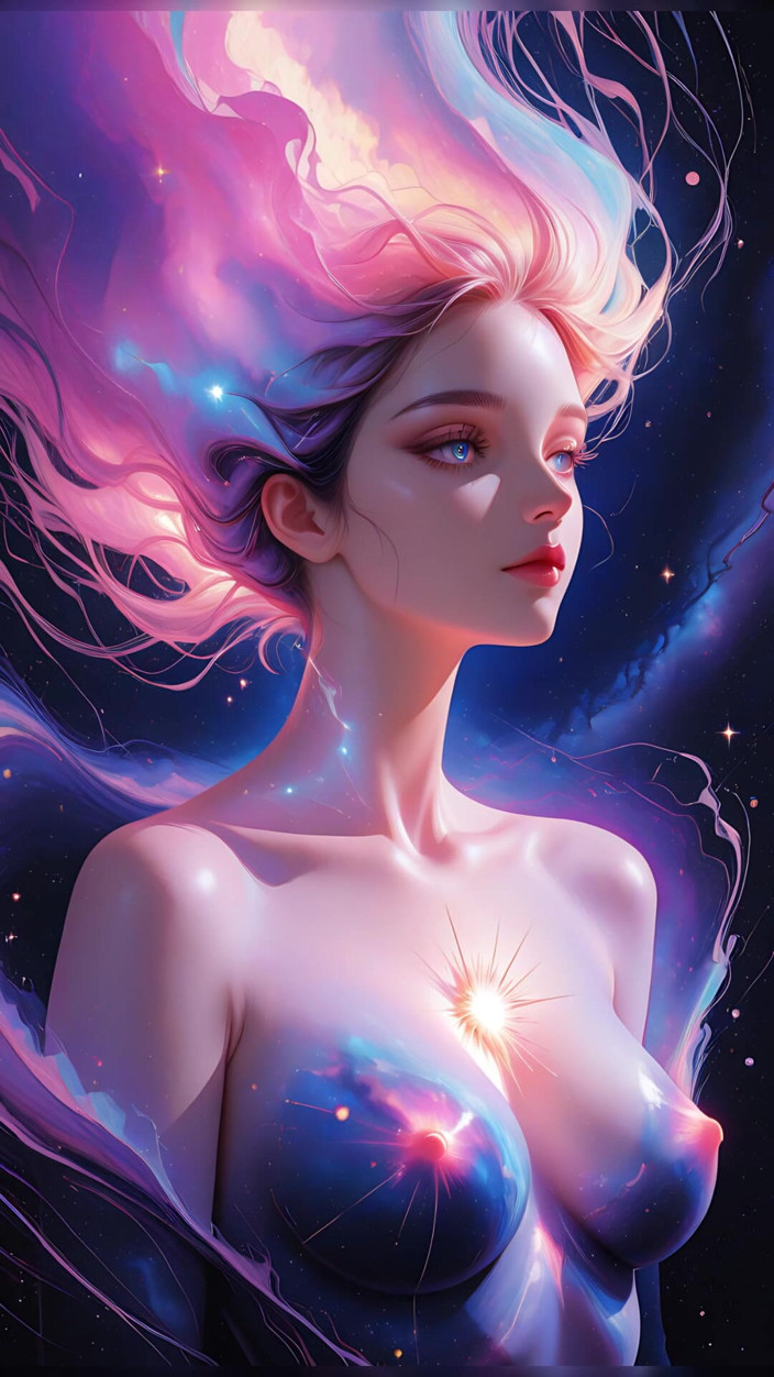 VelvetInk Studio: 宇宙夢の女神ヌード女性がシュールなファンタジーの夢境の中に浮かぶAIアートスライドショー