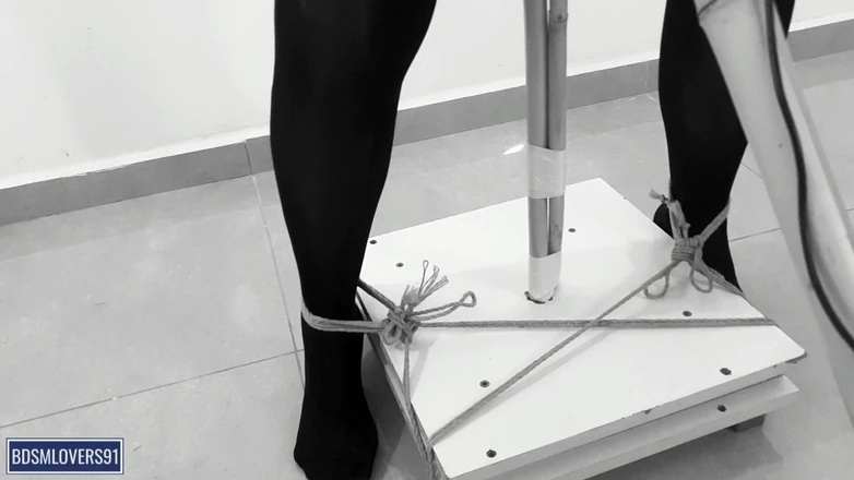 Bdsmlovers91: Shaking Legs in Black Pantyhose Standing Pole Bondage with None...