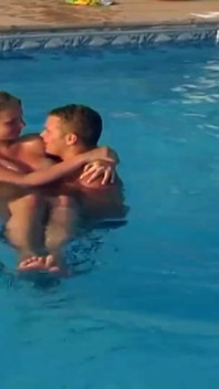 Busty blondie gets cum in mouth while fucking by the swimming pool