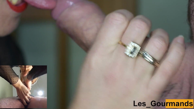 Les Gourmands: 목구멍에 언로드하는 자지를 빨고, 클로즈업하고 정액으로 노는 밀프