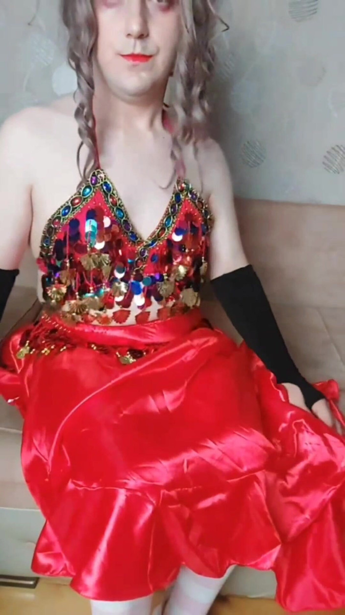 Kitty_Cross: Belly Dancer Femboy in Red Seductive Dress