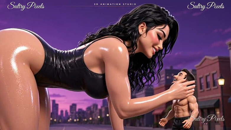 Sultry Pixels 3D: Geölte Riesin in high heels türmt sich über einen kleinen mann -...