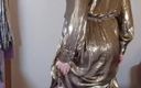 Sissy in satin: Hot Crossdresser in Sexy Gold Metallic Dress