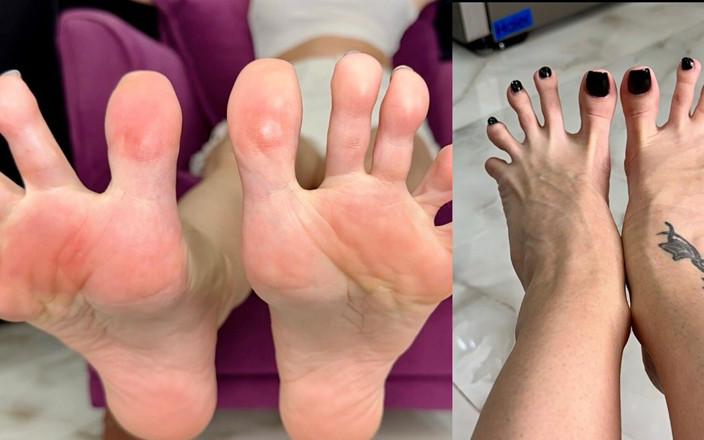 Julia domaina: 길게 벌린 발가락, 두 각도에서 찍은 벌린 발가락의 클로즈업, 검은 매니큐어를 바른 맨발.