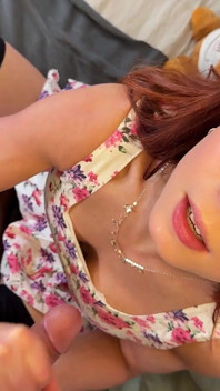 Hot and Horny Beautiful Redhead MILF Takes All the Cum in the Balls on Her Summer Dress Through Her Cleavage