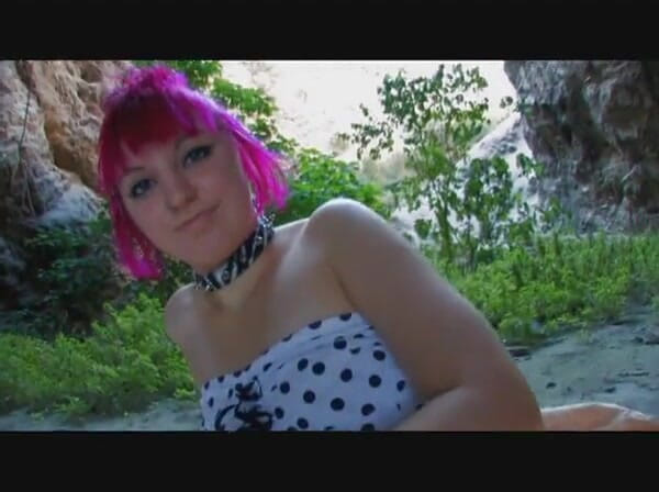 European Classics: Sexy slut with colored hair bows guy's cock outdoors