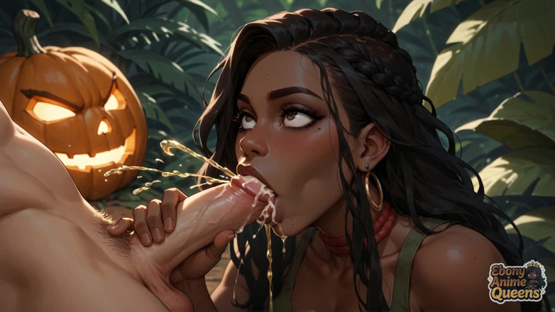 Ebony Anime Queens: Gorąca hebanowa bogini pochłania dynie halloweenowe w Gorącym Pożądaniu - XXX!