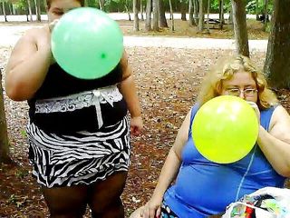 BBW nurse Vicki adventures with friends: 2 bbws are balloon blowing and popping