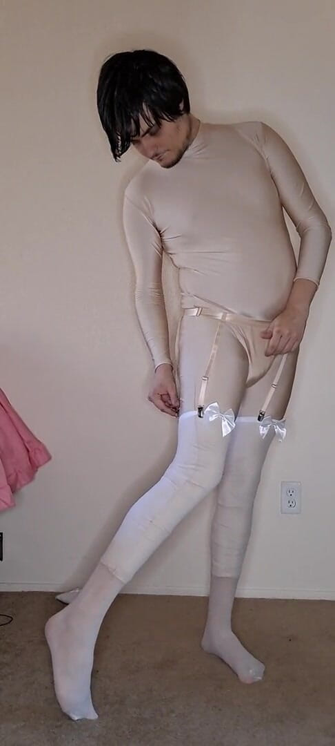 Pup Zentai: Pink spandex maid dress up