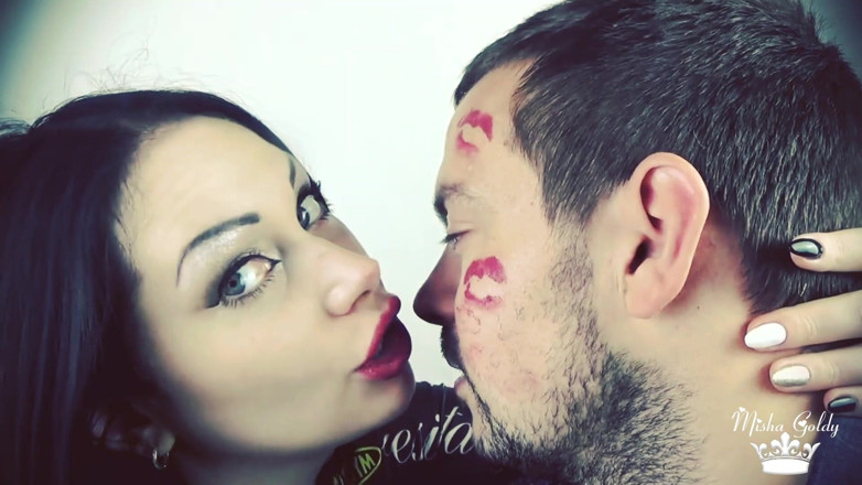Goddess Misha Goldy: Covering Alex with red shiny lipstick kisses all over his...