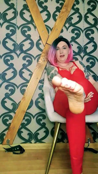 Lady Angela Bare Feet and Sneakers Red Latex Leggings Fetish Femdom