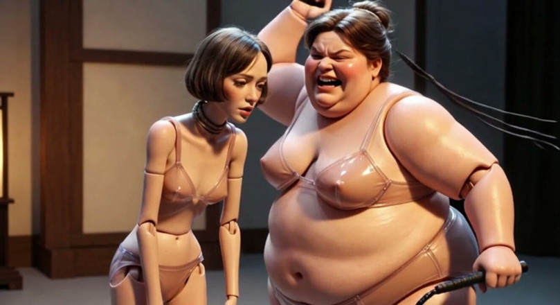 YOUR BEST FANTASY: Fat Mistress Whips Bound Skinny Slave - Body Contrast Humiliation