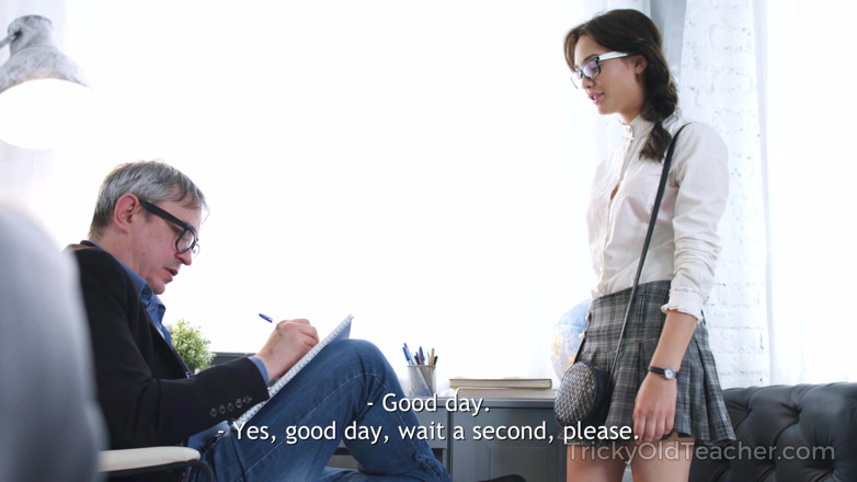 Tricky Old Teacher: Nerdy Brunette in Glasses Seduces Teacher with Mini Skirt
