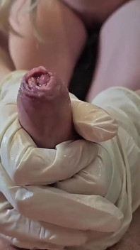 Blonde Teen Slut Jerks off My Cock with Latex Gloves!