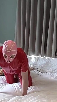 Hot Masked Cumslut in Full Red Pvc Catsuit