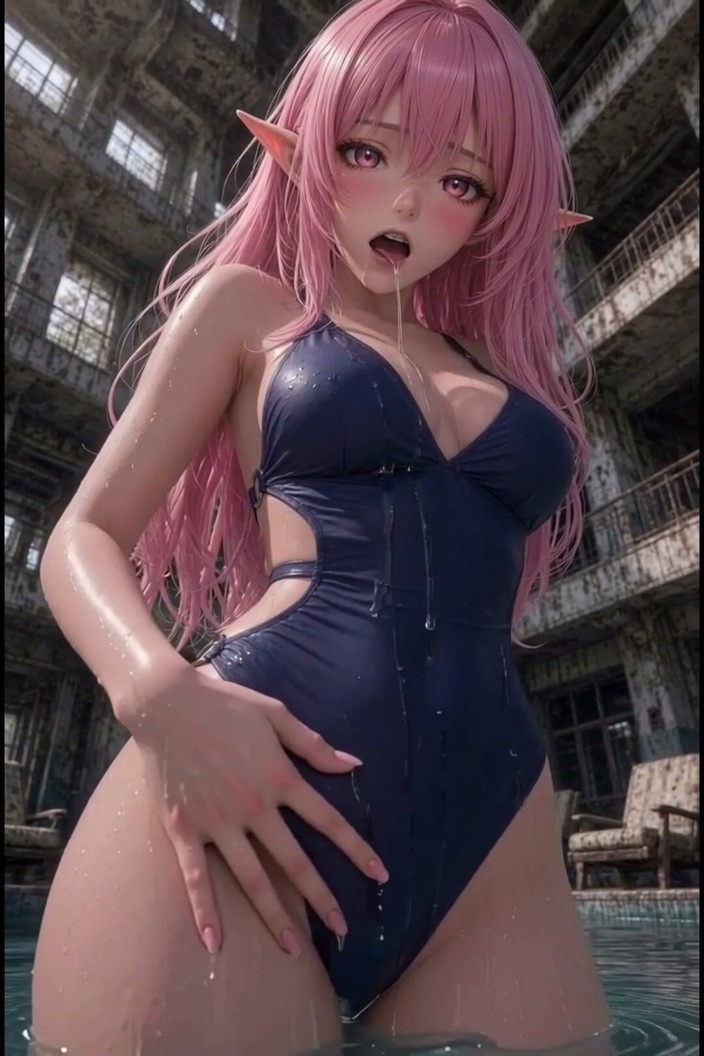 Wertstofsamler: 3Dアニメ 水着姿のピンクの毛深い女性がプールの中や周りで自慰行為をしている